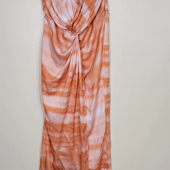NWT Asos satin bandeau twist from midi dress orange dyed effect print size 8 - Picture 3 of 10